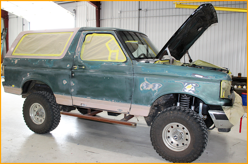 1990 Ford Bronco being prepped for GatorHyde lining installation.