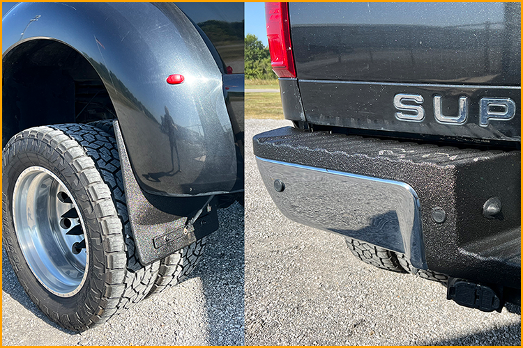 Ford F450 back bumper and mudflaps were sprayed with GatorHyde DLX.