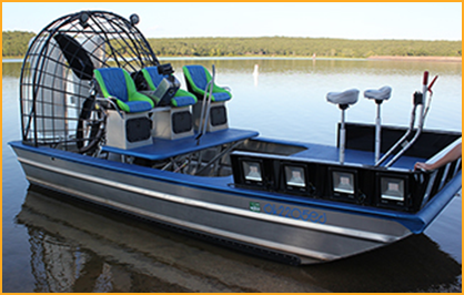 Custom built air boat with 750 HP motor with GatorHyde and color stable paint on deck and seating platform.