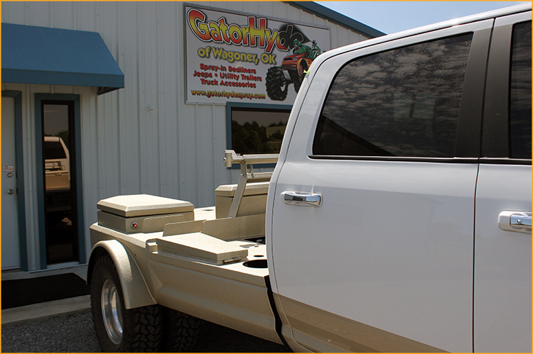 Utility bed of truck sprayed with a hybrid polyurea.